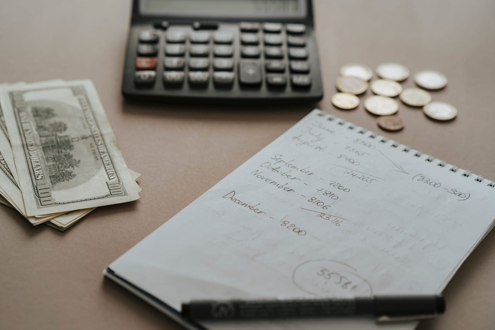 A calculator and notepad on a kitchen table