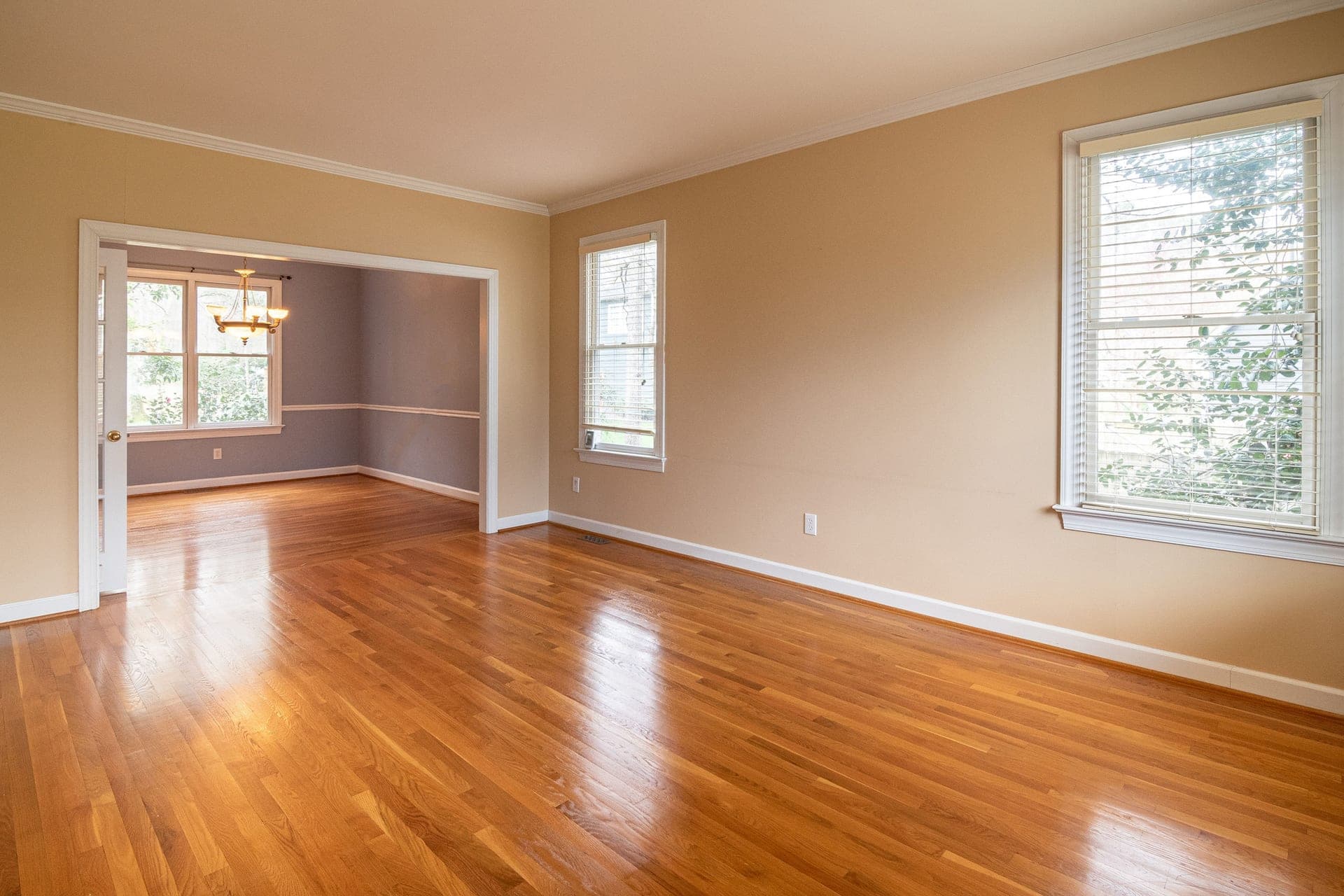 A living room in winter light, with bare windows and a wooden floor
